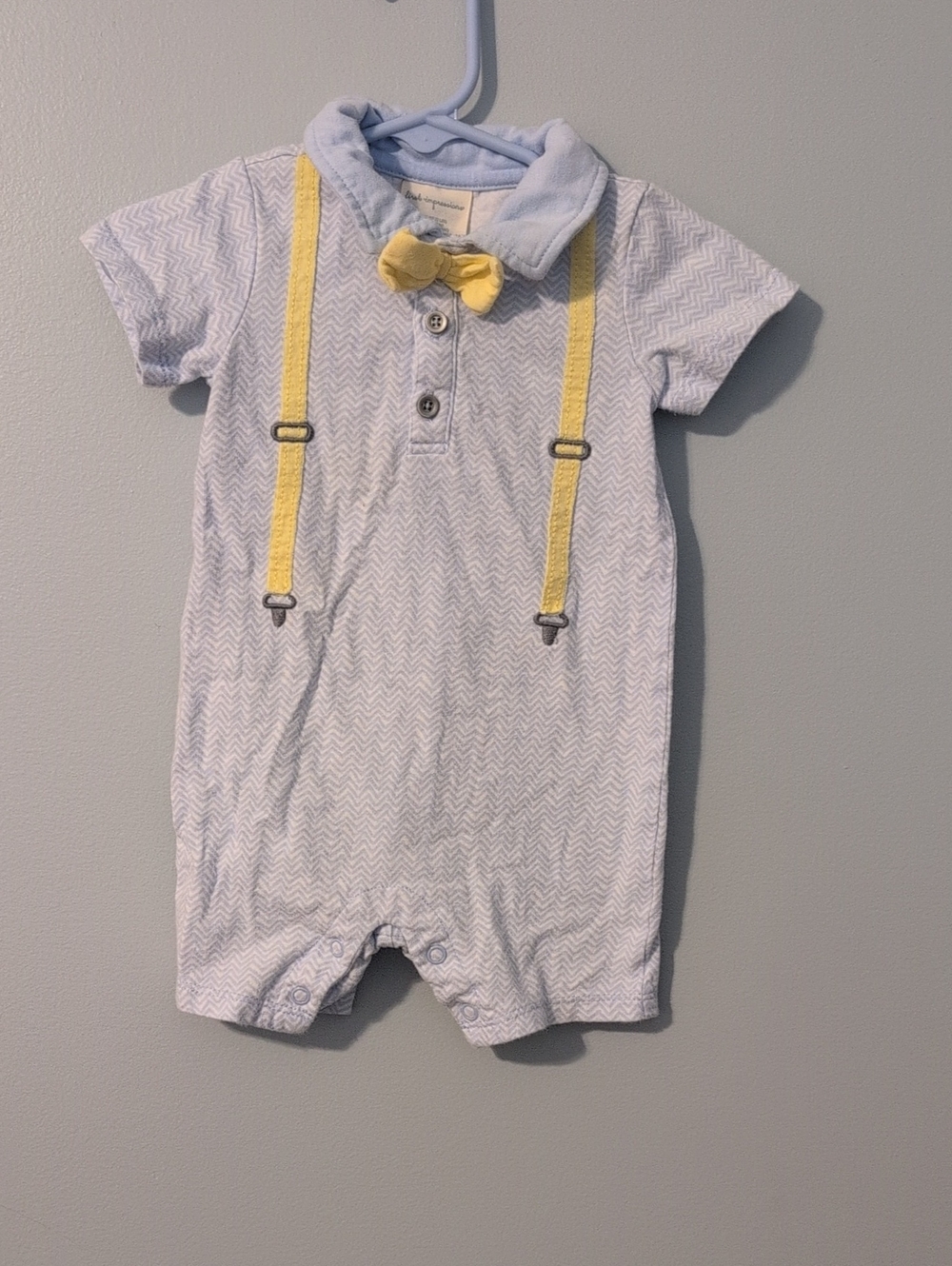 First Impressions Light Blue Romper with Yellow Bow Tie and Suspenders